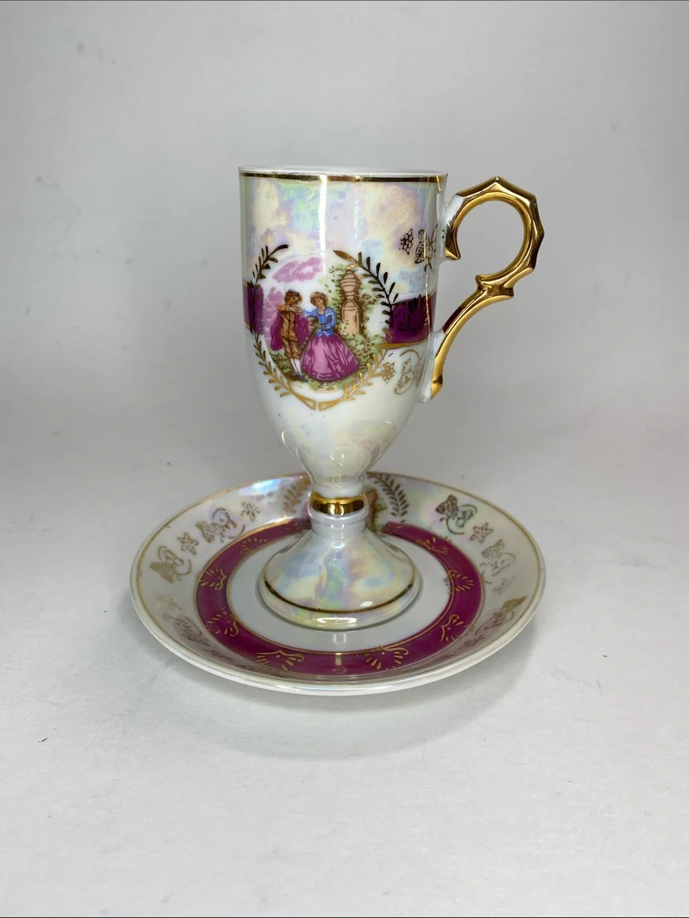 Vintage Iridescent Pink Lusterware Pedestal Demitasse Cup & Saucer Set - Royal